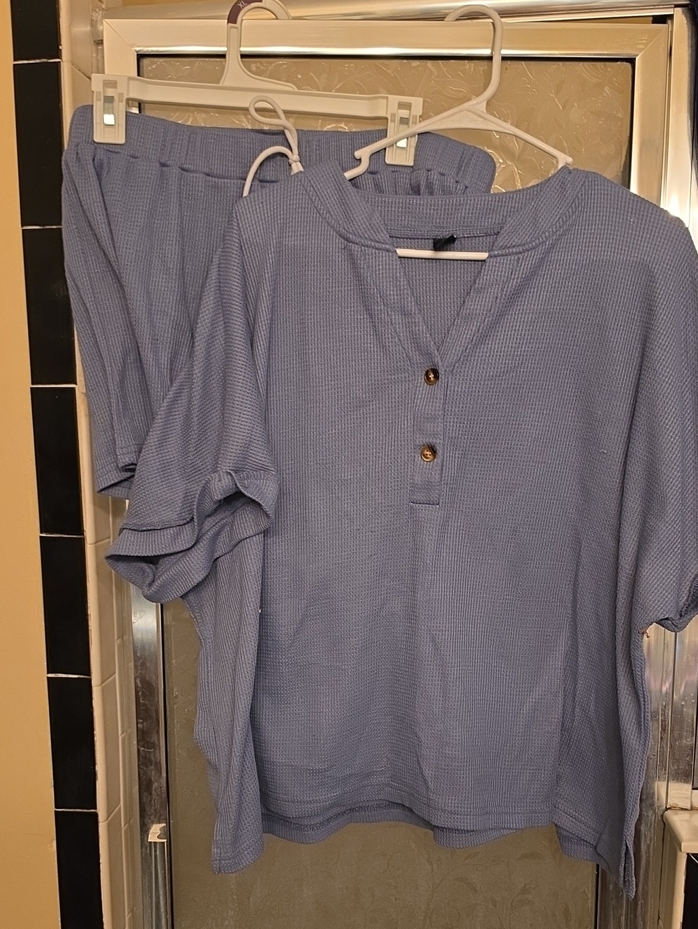 Women’s Relaxed Waffle Henley Set - Light Blue - Picture 1 of 2